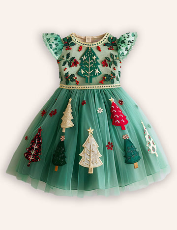 Christmas Tree Applique Tulle Party Dress